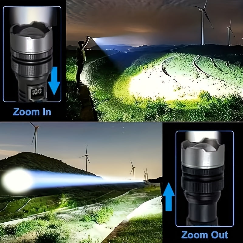 Rechargeable Tactical Flashlight High Lumens – Zoomable LED, LCD Display, USB Rechargeable, Waterproof, for Camping, Hiking, Fishing & Emergencies (1pc / 2pcs)