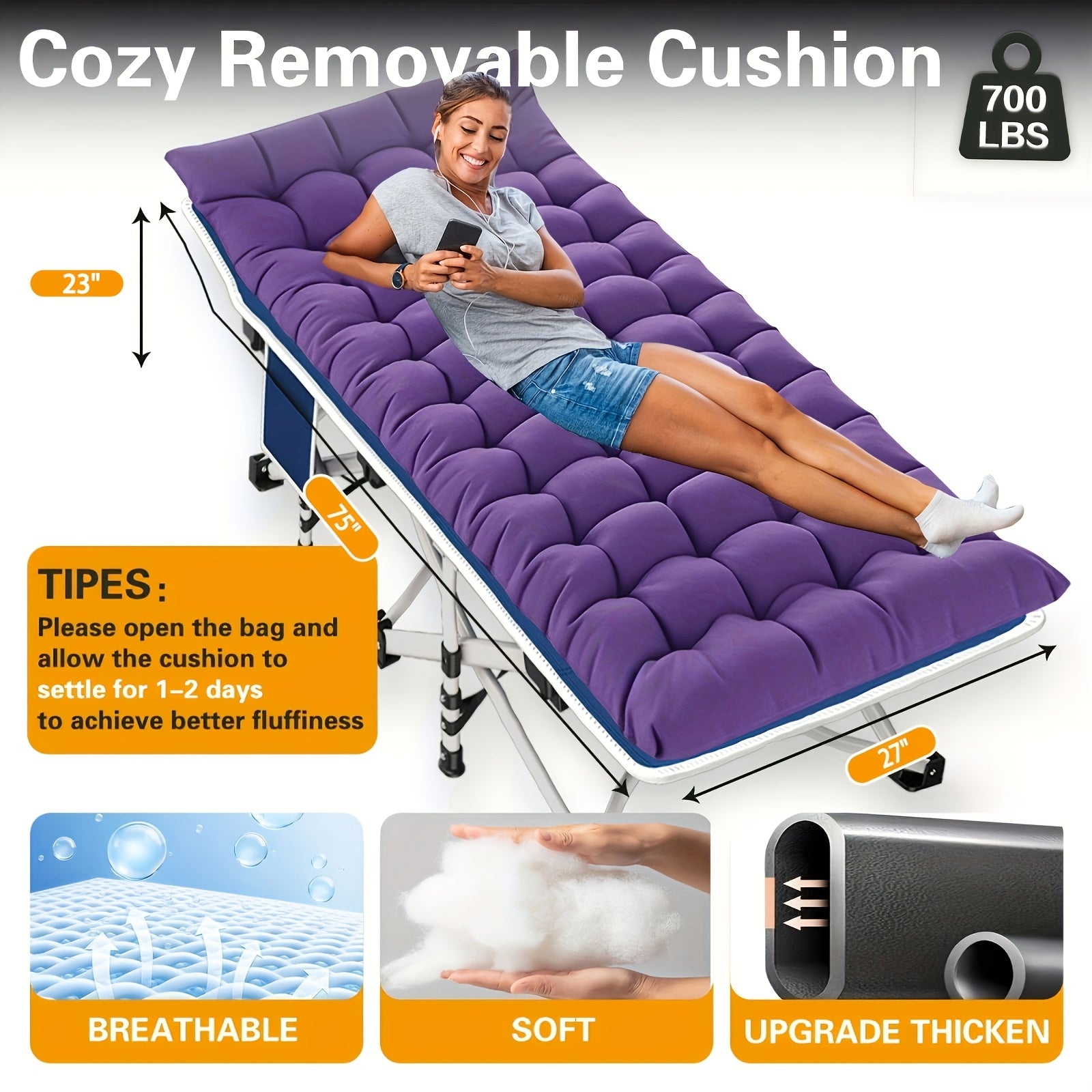 Folding Camping Cot with Mattress – XXL Portable Sleeping Cot for Adults Kids, 75"-79" Heavy Duty Camp Bed, 700-900 lbs Capacity for Beach Garden Patio Fishing Outdoor