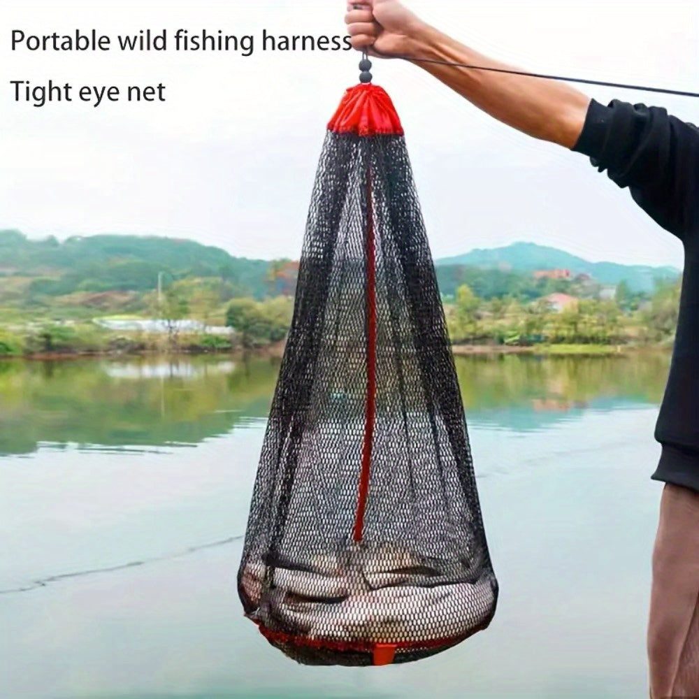 Portable Nylon Fishing Net Bag Mesh Fish Collection Cage – Lightweight Easy-Carry Handle for Fishing Snorkeling Gear Storage Black Red