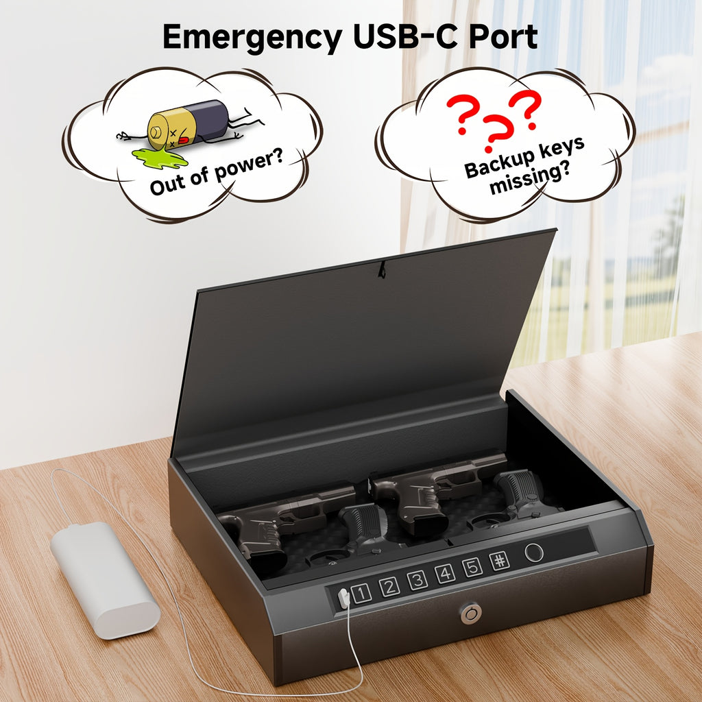 Biometric Gun Safe 3-Way Unlock – Fingerprint Digital PIN & Key Pistol Lock Box with Internal Light Silent Mode Emergency Power for Home Bedroom Nightstand Car