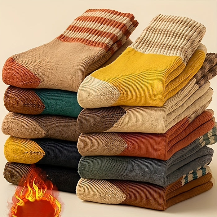 Winter Terry Crew Socks 20 Pairs Mixed Colors – Thick Plush Striped Mid-Calf Ski Snowboard & Cold Weather Socks Elastic Gusset 4 Patterns