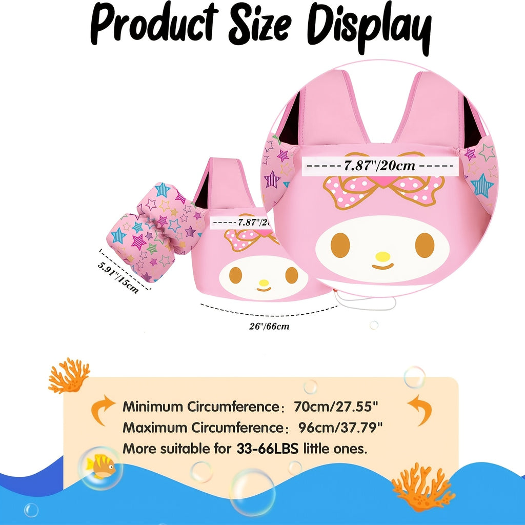 Sanrio Kids Swim Vest & Arm Floaties with Adjustable Straps – 1 or 2 Arm Bands for Toddlers Learning to Swim, 22-66 lbs, Nylon, Blue & Pink