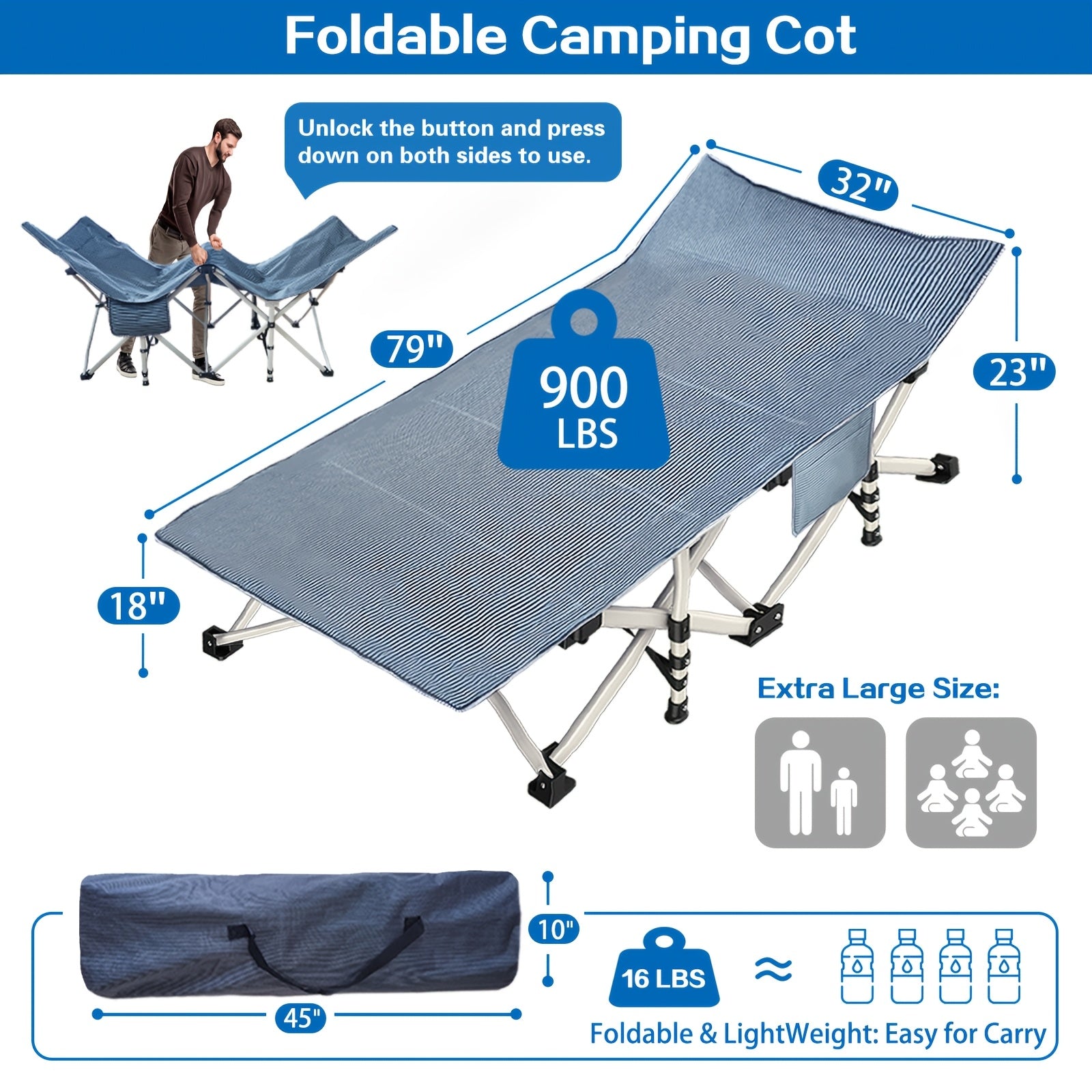Folding Camping Cot with Mattress – XXL Portable Sleeping Cot for Adults Kids, 75"-79" Heavy Duty Camp Bed, 700-900 lbs Capacity for Beach Garden Patio Fishing Outdoor