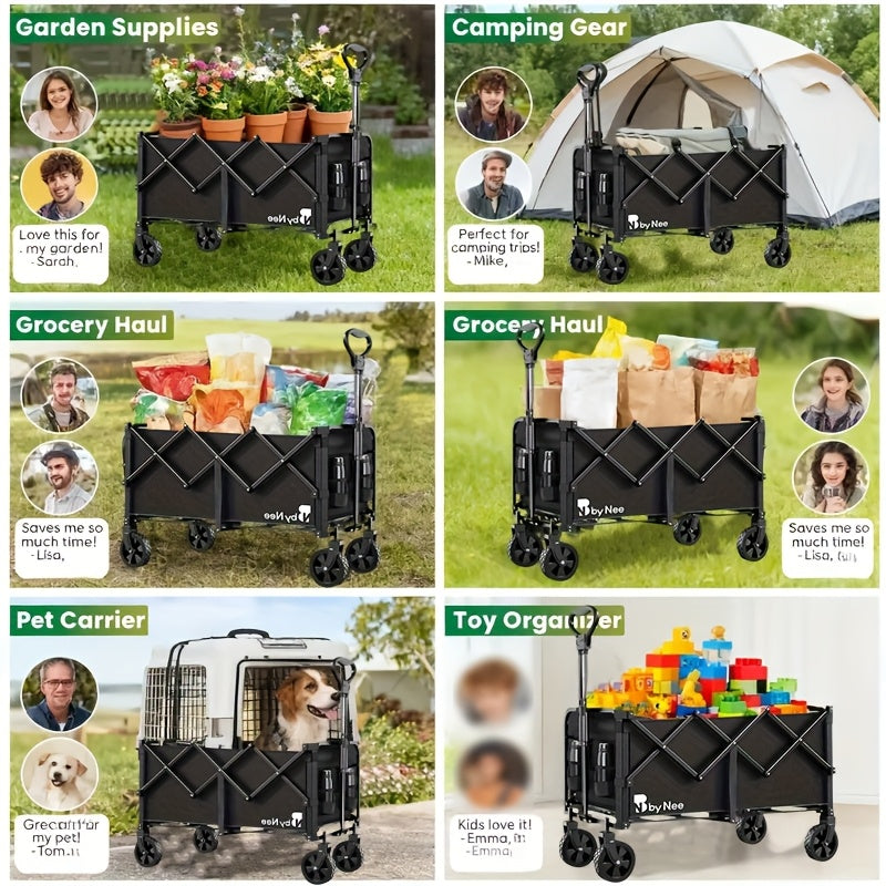 Collapsible Folding Wagon Cart Heavy Duty 450-650LBS – All Terrain Foldable Utility Wagon for Camping Beach Gardening Grocery Shopping Fishing, Large Capacity, Black