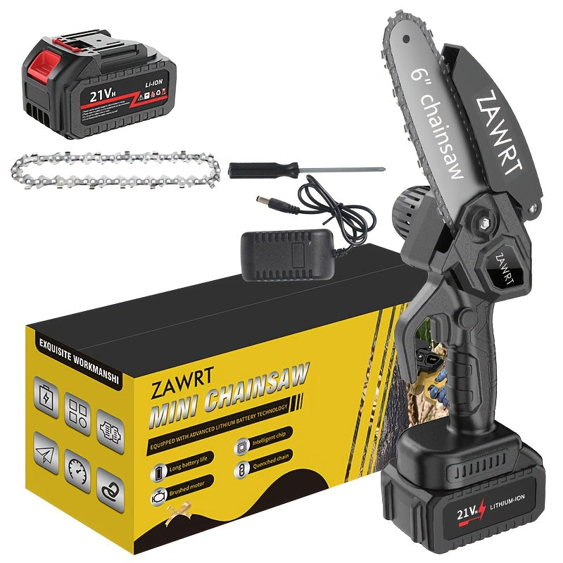 6-Inch Mini Chainsaw Cordless - Rechargeable Lithium Battery with Adjustable Chain, Safety Lock & Splash Guard, Multiple Bundle Options for Garden Branch Trimming, Tree Pruning & Gift