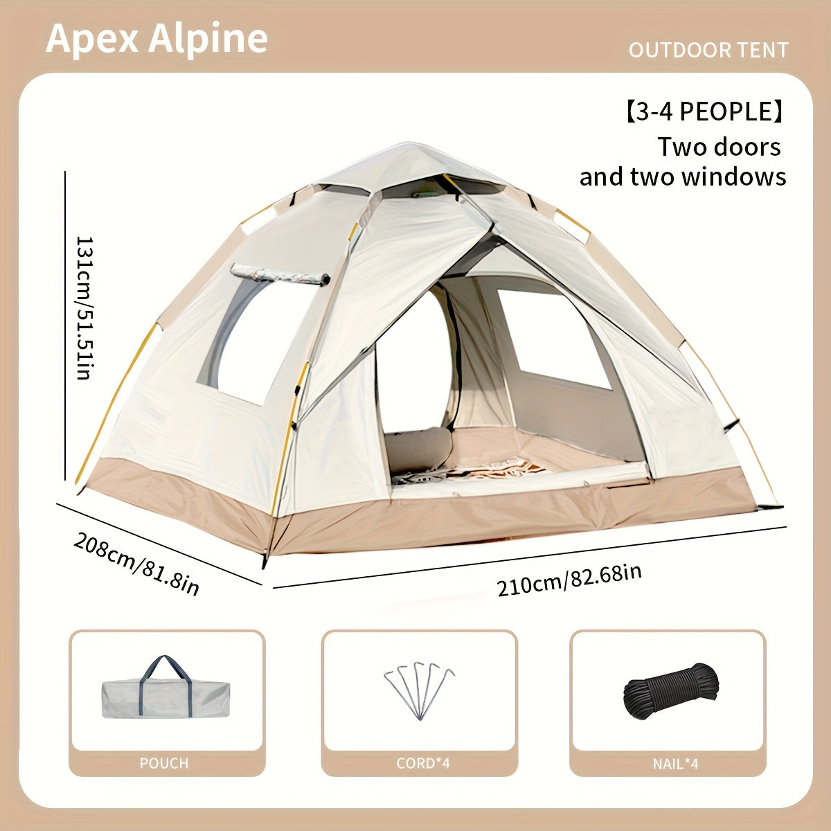 Automatic Pop-Up Camping Tent Windproof Sun-Resistant Portable Foldable 4-Season Tent for Camping Hiking Beach Park Family Vacation Double Door with Windows
