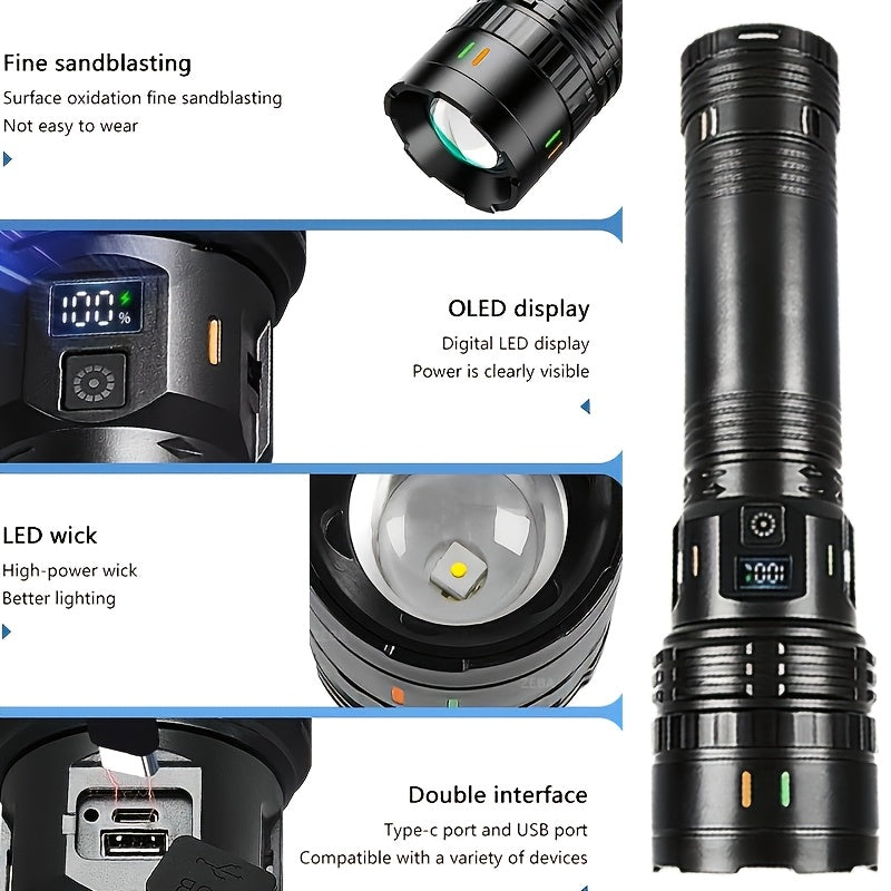 Tactical LED Flashlight 1500 Lumens Adjustable Zoom 200M Beam 4 Modes – Bright Handheld Torch for Camping, Hunting, Hiking, Farm Inspection & Emergency
