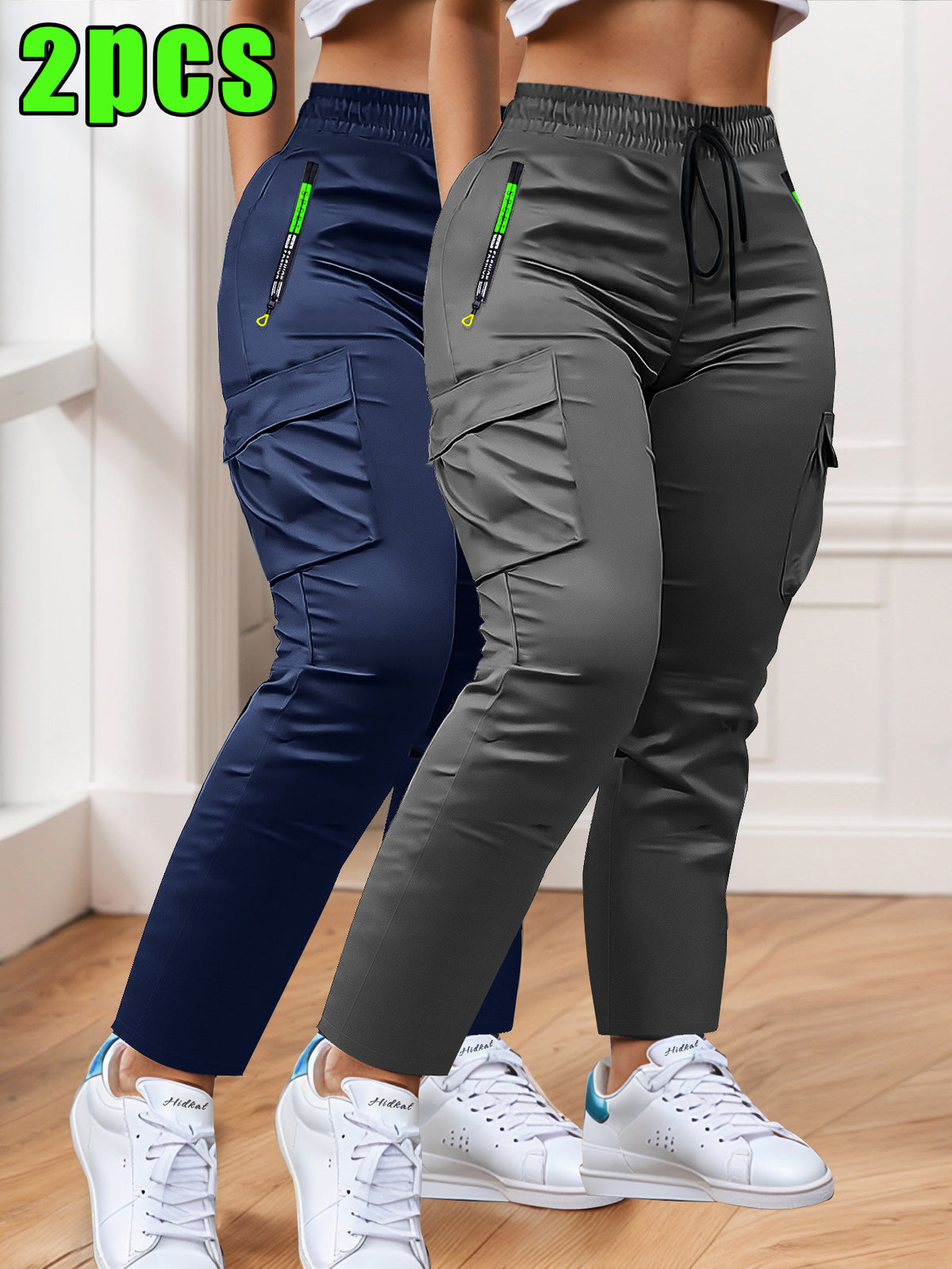 Women's Slim Cargo Pants 2-Pack Multi-Pocket Drawstring Waist Zip Pocket Straight Leg – Casual Trousers for Outdoor Sports Everyday Wear & Dates