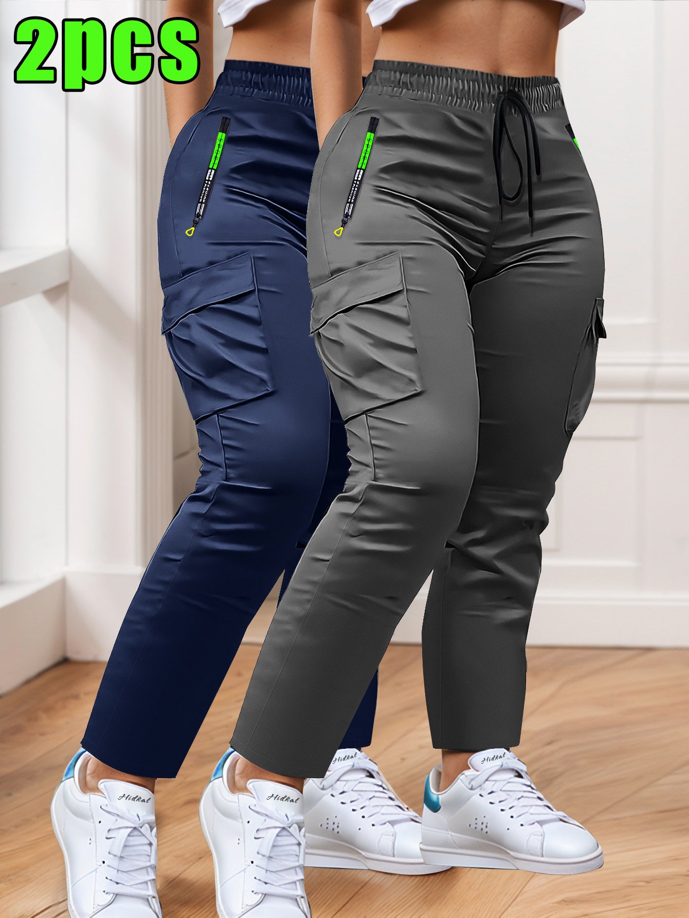 Women's Slim Cargo Pants 2-Pack Multi-Pocket Drawstring Waist Zip Pocket Straight Leg – Casual Trousers for Outdoor Sports Everyday Wear & Dates
