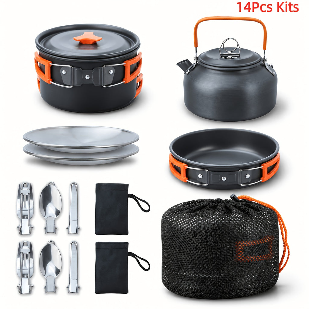 Camping Cookware Mess Kit 14/15 Piece Portable Non-Stick Aluminum Alloy Camp Kitchen Set with Kettle Pot Frying Pan Plates Forks Knives Spoons - Backpacking Outdoor Cooking Gear for Hiking