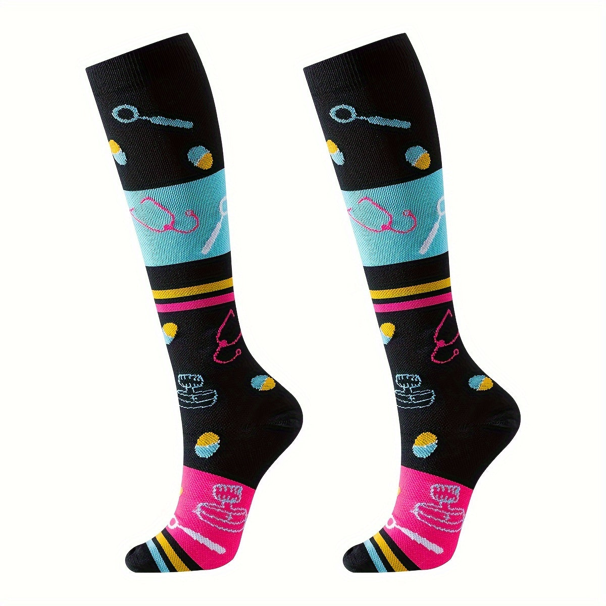 6 Pairs Knee High Compression Socks Unisex Over the Knee Athletic Stockings 65% Nylon Fun Cartoon Pattern for Running Gym Sports Women Men Sizes S/M L/XL