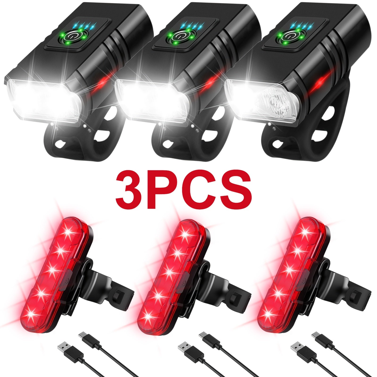 USB Rechargeable Bike Light Set Front & Rear – 1500 Lumen LED Bicycle Light Type-C Fast Charging 6+4 Modes Waterproof Safety Cycling Lamp for Night Riding Commuting Camping – 1/2/3 Pack