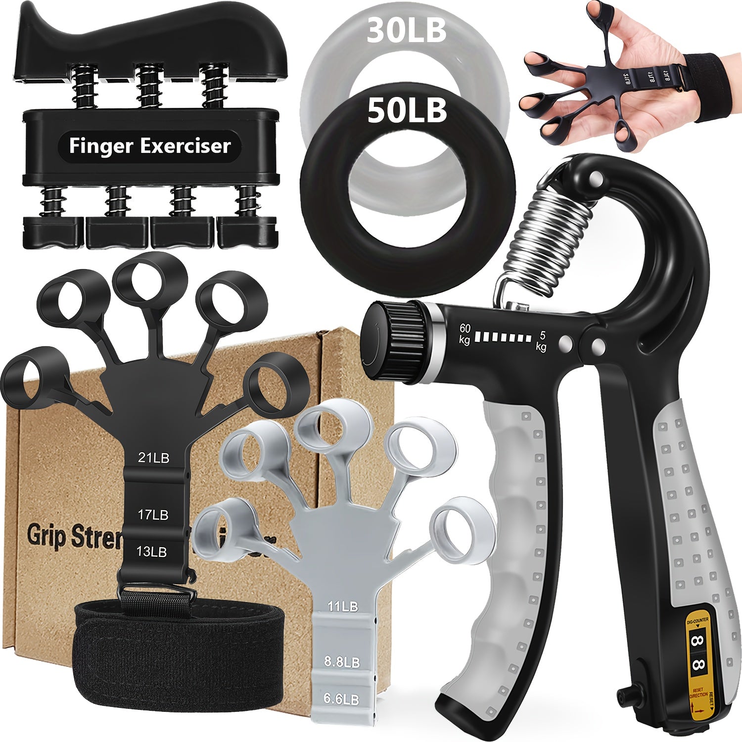 Grip Strength Trainer Set 6Pcs – Adjustable Hand Gripper Finger Exerciser Forearm Workout Rings Finger Stretcher & Extensor for Men Women Rock Climbing Fitness Guitar Players