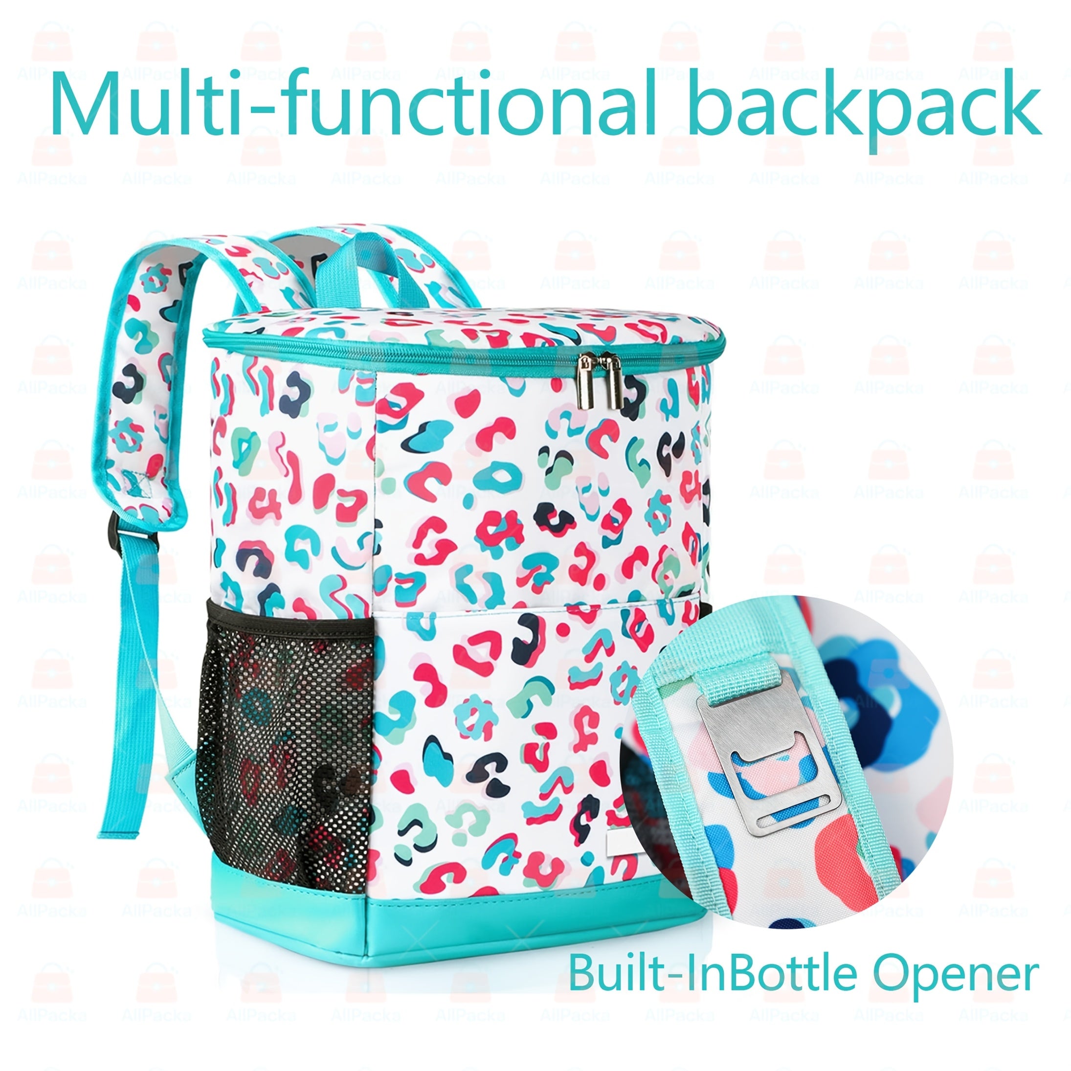Insulated Cooler Backpack 30-Can Leopard Print Nylon Portable Cooler Bag with Mesh Pockets Adjustable Straps for Beach Camping Picnic Outdoor Travel Daily Use