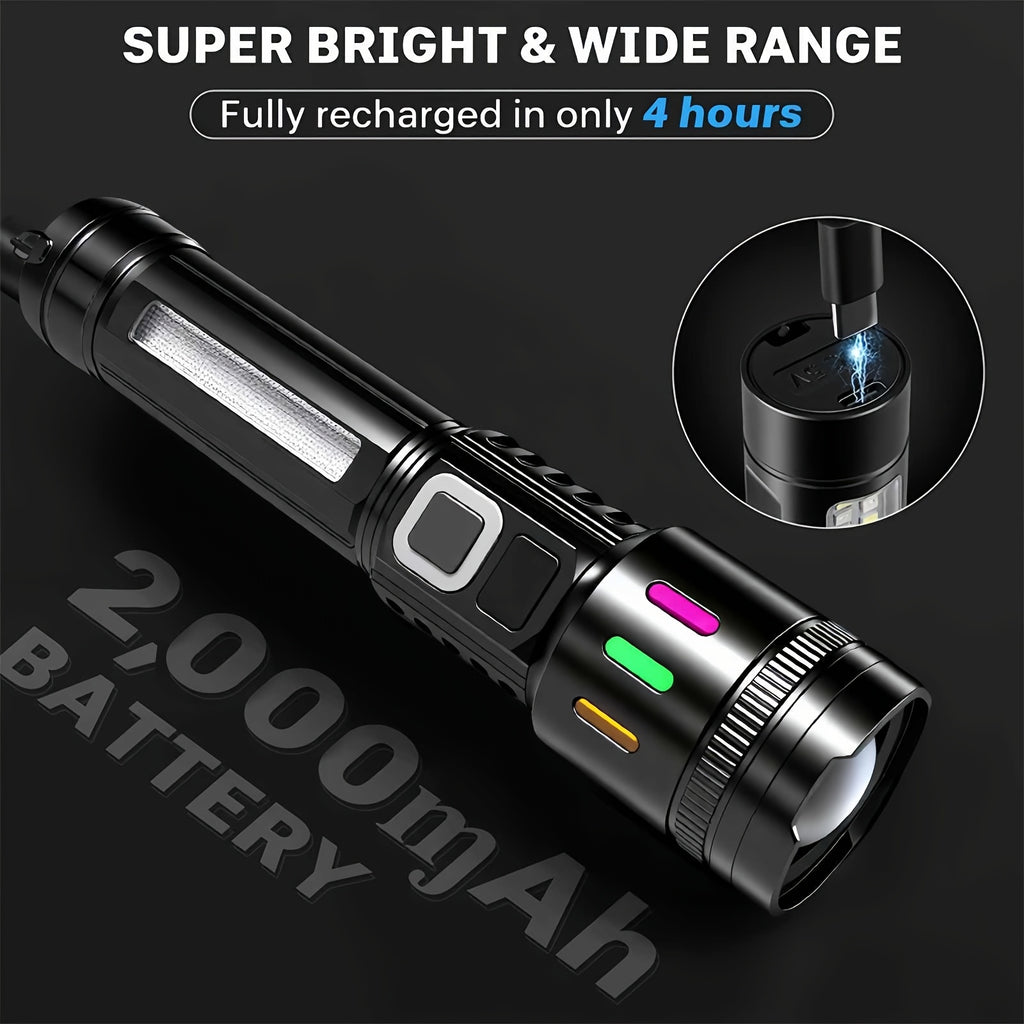 2-Pack Rechargeable LED Flashlight Combo – High Power Tactical Flashlight with COB Side Light, Telescopic Zoom & USB-C Charging for Camping, Hiking, Biking & Emergencies