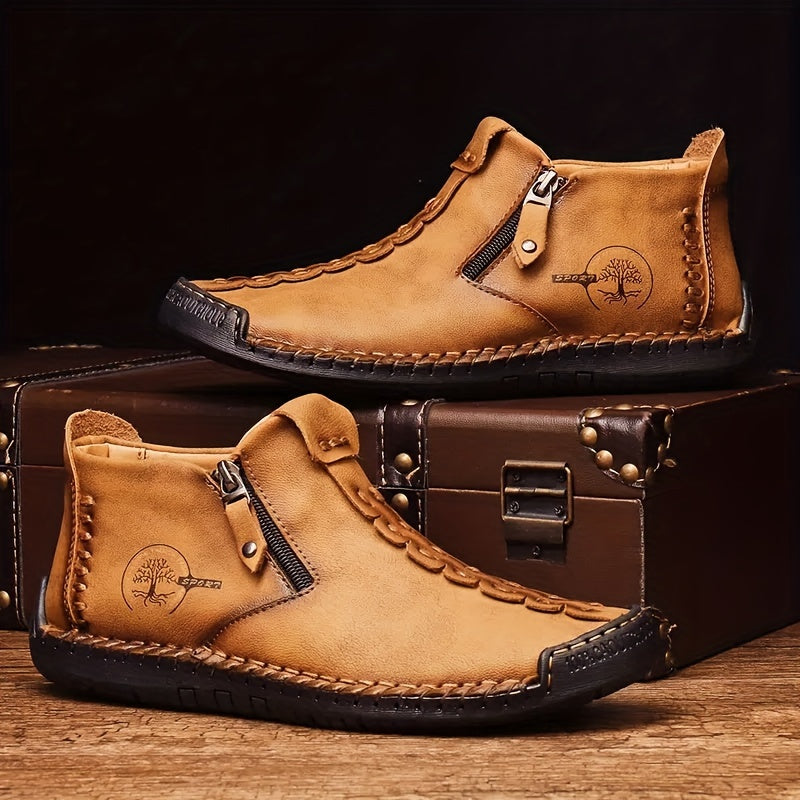 Men's Ankle Boots Slip-On Casual Loafers Shoes Hand Stitching Outdoor Work Boots for Men Comfortable Non-Slip Walking Shoes