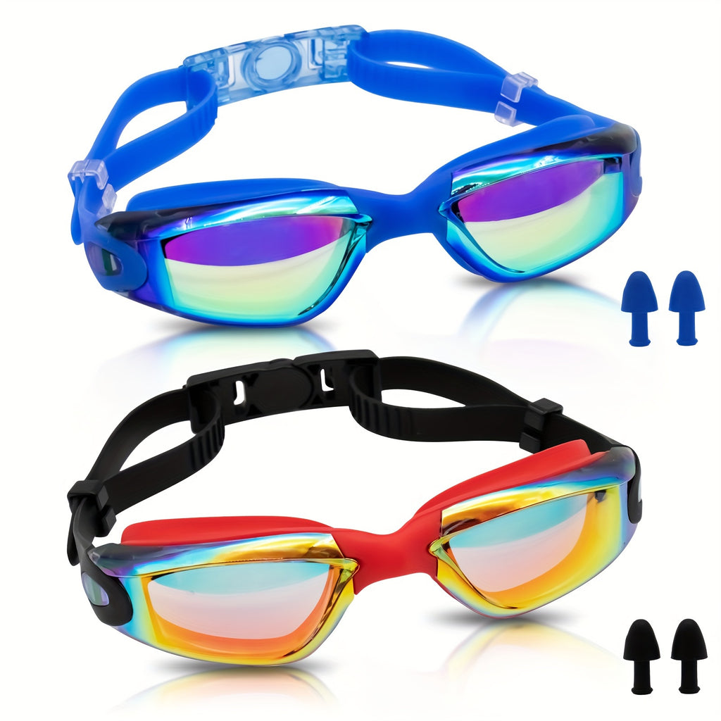 2-Pack HD Swim Goggles Gold-Plated Lens Anti-Fog Anti-Leak with Adjustable Strap & Earplugs - Professional Clear Vision Pool Goggles for Beginners, Daily Training, Men & Women (Black/White or Blue/Red)