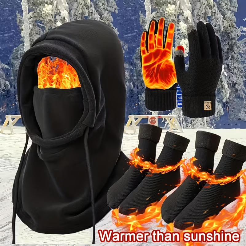 Winter Thermal Set 3 4pcs Face Mask Hat Touchscreen Gloves Fleece Socks Windproof Cold Weather Gear for Men Women – Snowboarding Hiking Ice Fishing Skiing Outdoor Winter Accessories Kit