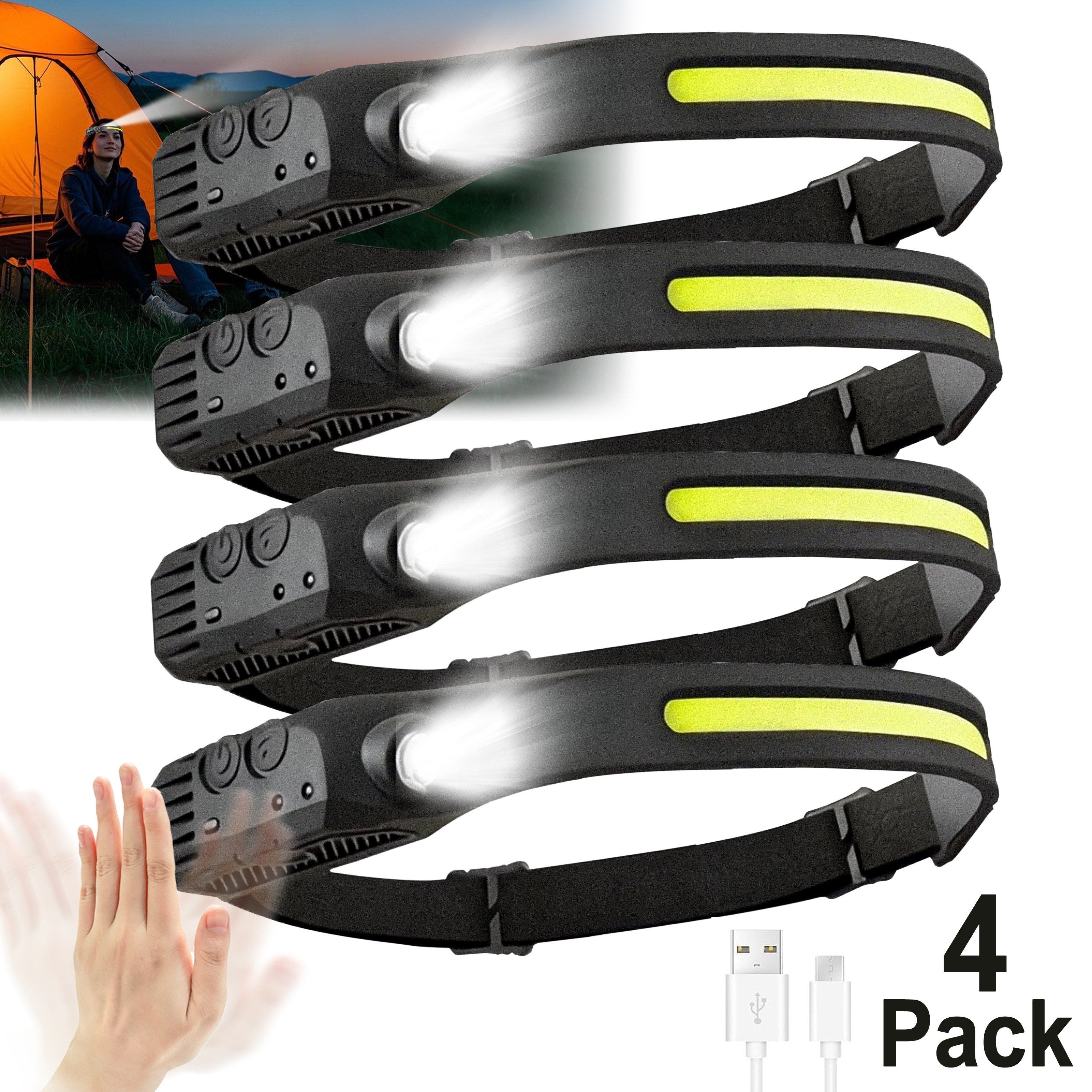 LED Headlamp Rechargeable 4 Pack USB Hands-Free Ultra Bright 1200mAh Adjustable Headband Work Light – Camping Hiking Running Fishing Repairing Emergency Headlamps for Adults