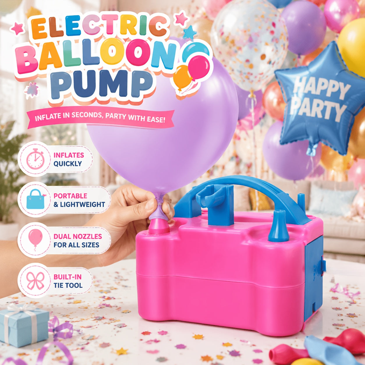 Electric Balloon Inflator Pump with Tying Tool Dual Nozzles Portable Battery Operated for Party Birthday Wedding Decorations