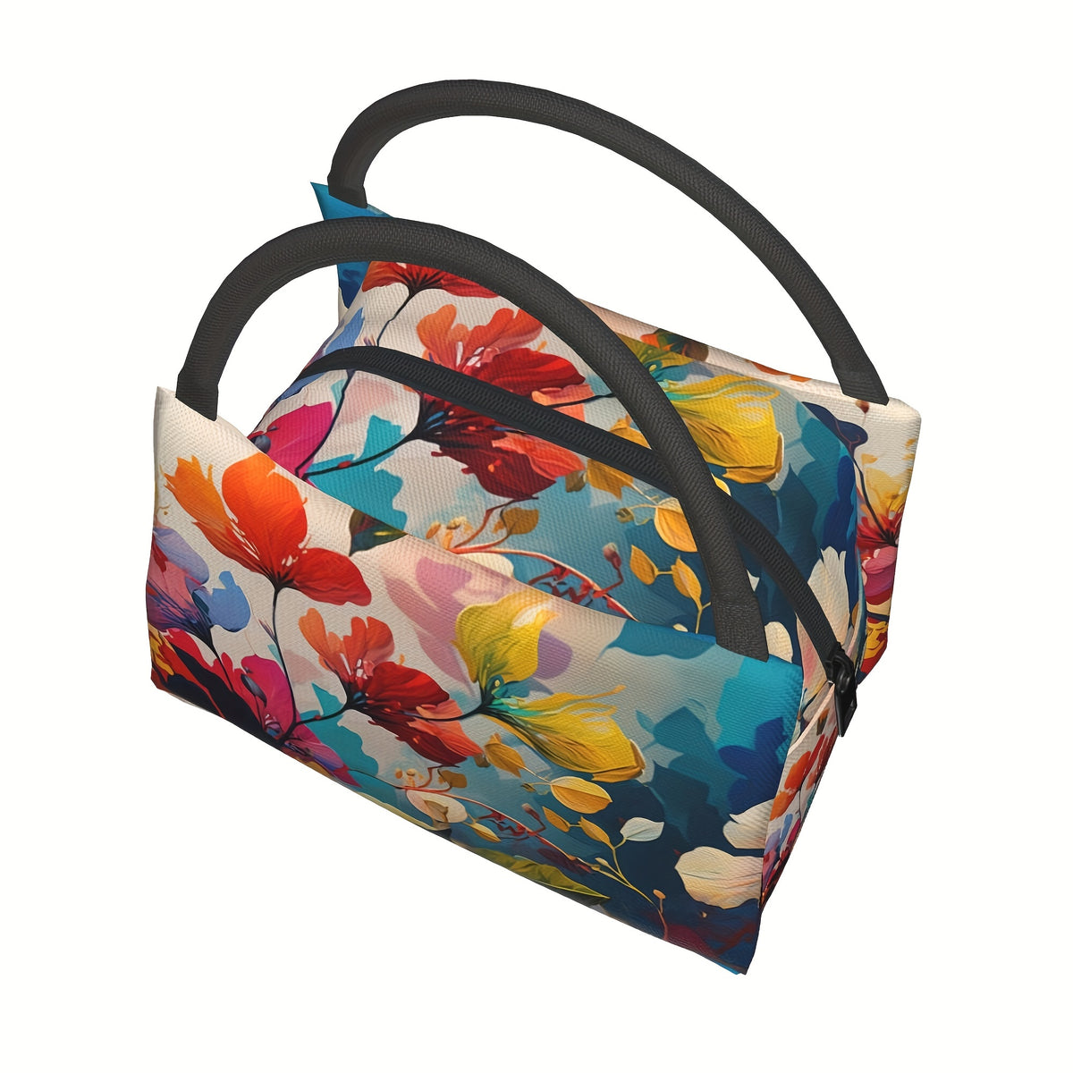 Insulated Lunch Bag for Women Vibrant Floral Reusable Cooler Tote with Black Handles 11x6.5x7 In - Leakproof Lunch Box for School Office Camping Picnic Beach - Lightweight Polyester Lunch Bag