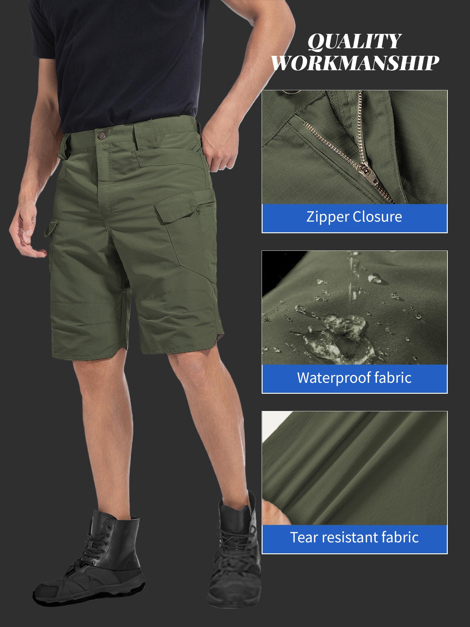Cargo Shorts for Men 2 Pack – Multi-Pocket 100% Polyester Regular Fit Outdoor Hiking Work Casual Shorts S-XXXL (Black, Gray, Khaki, Army Green)