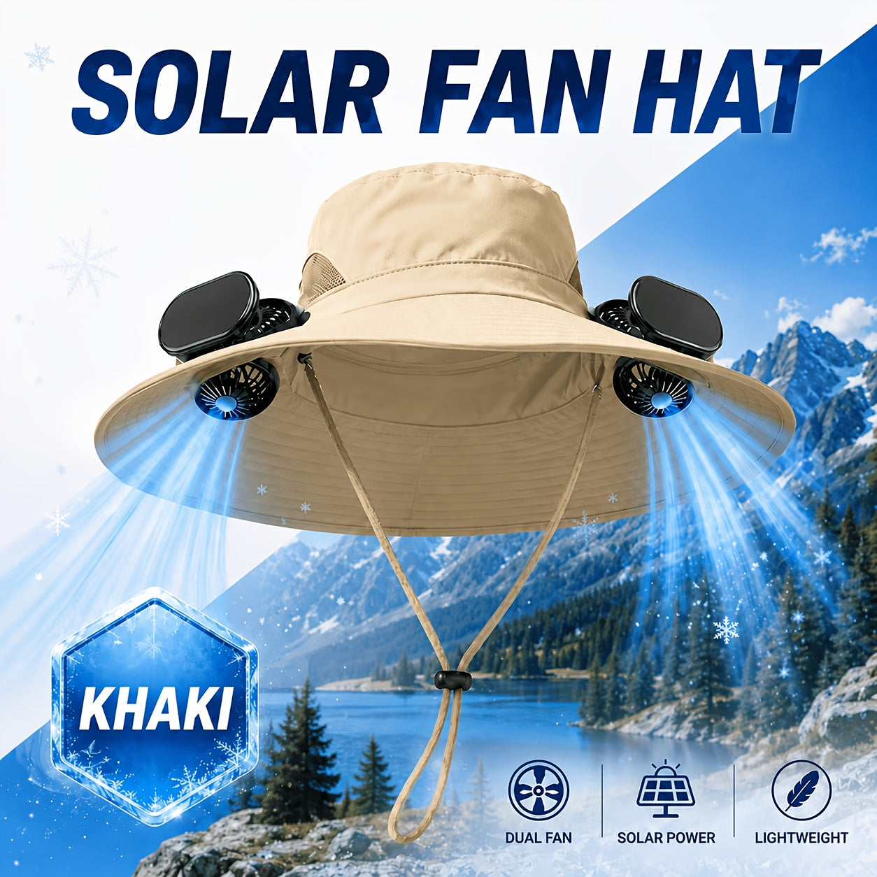 Solar Fan Hat Wide Brim Dual Cooling Fans Men Women Adjustable Airflow UV Protection Hiking Camping Gardening Travel Yard Work Grey Khaki Black Camo
