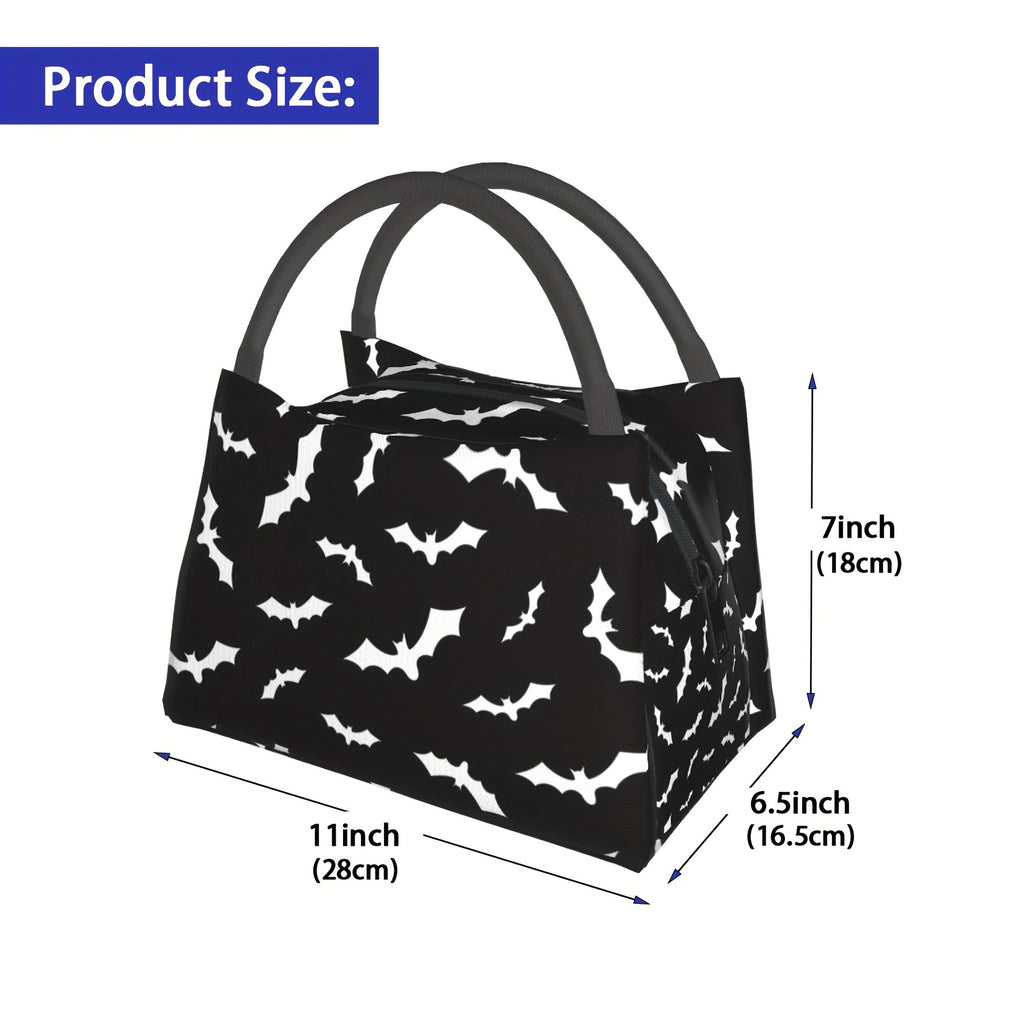 Bat Print Insulated Lunch Bag Cooler 11x6.5x7 In – Reusable Polyester Thermal Tote with Black Handles for Halloween School Office Camping Picnic Beach