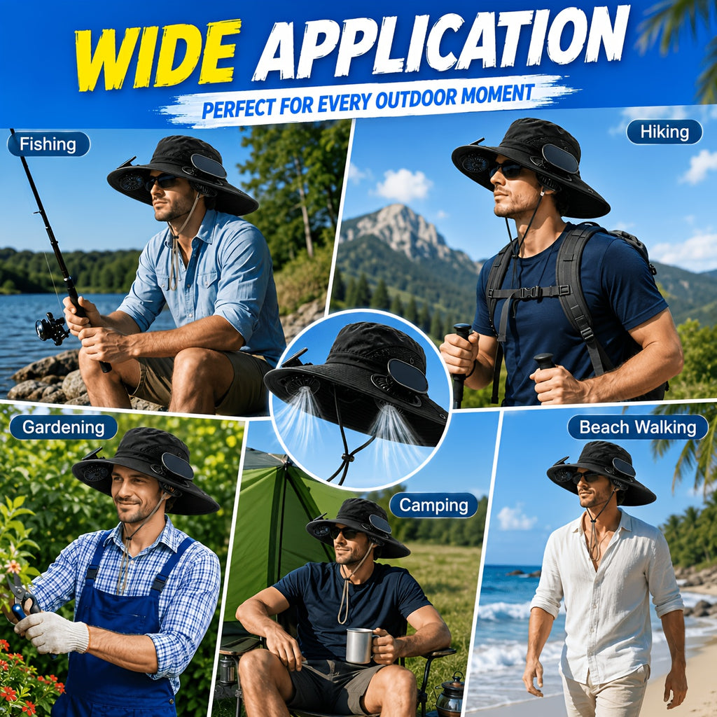 Solar Fan Hat Wide Brim Dual Cooling Fans Men Women Adjustable Airflow UV Protection Hiking Camping Gardening Travel Yard Work Grey Khaki Black Camo