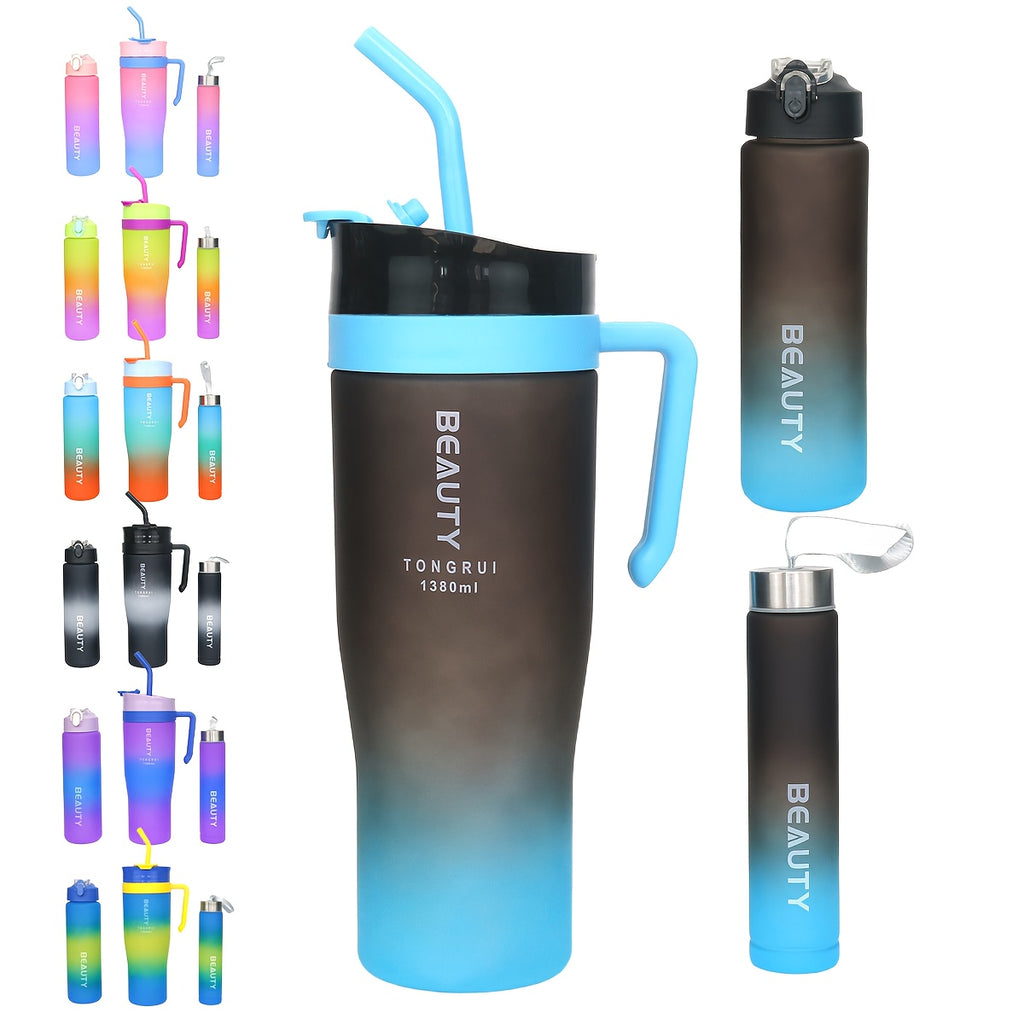 3-Piece Gradient Plastic Water Bottle Set with Straw 1380ml 800ml 280ml – Leakproof Portable Sports Cups for Car Gym Outdoor Fitness Travel