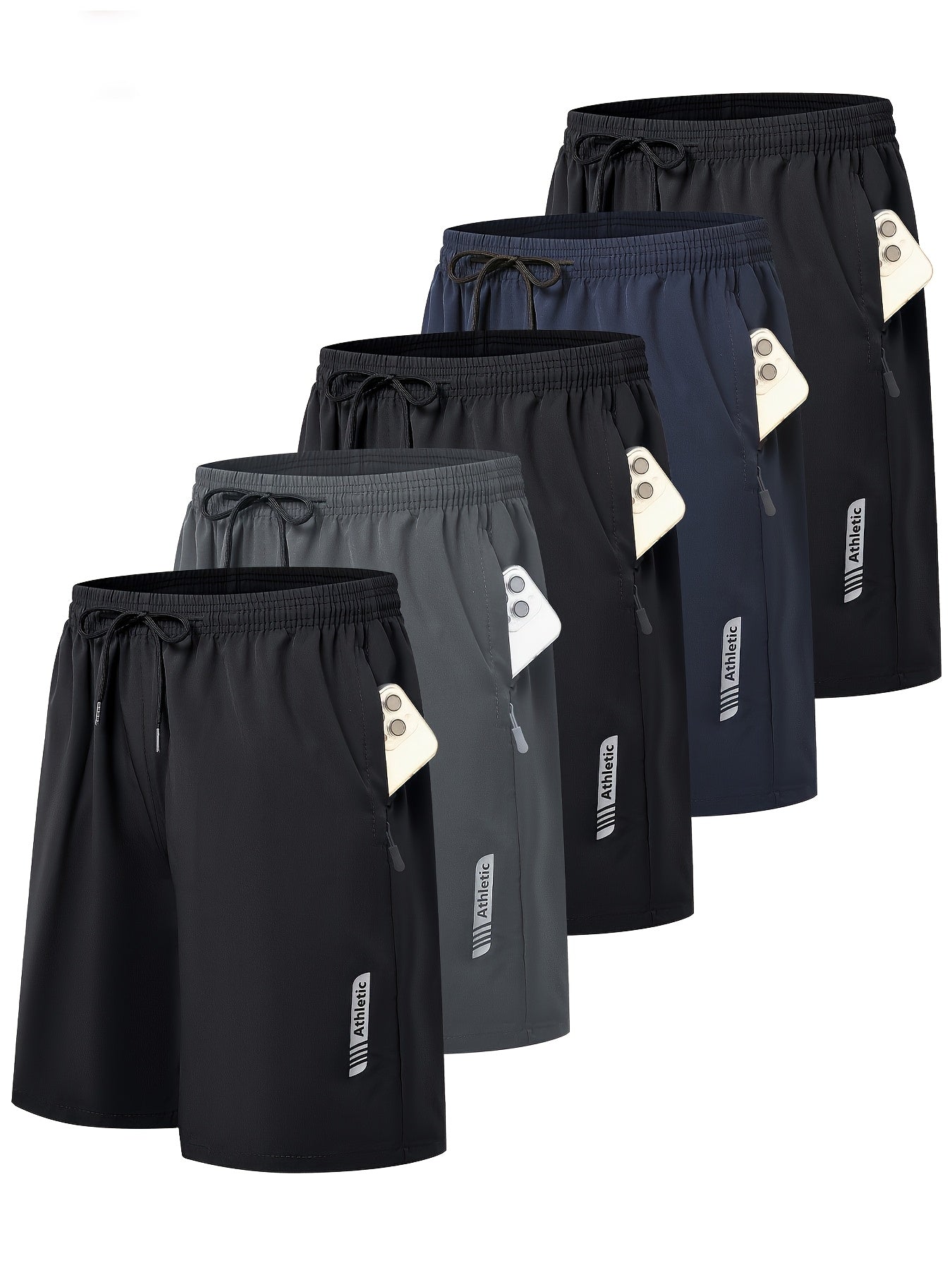 Men's Sports Gym Workout Shorts 5 Pack Basketball Shorts Quick Dry Elastic Waistband Side Zip Pocket S-XXL