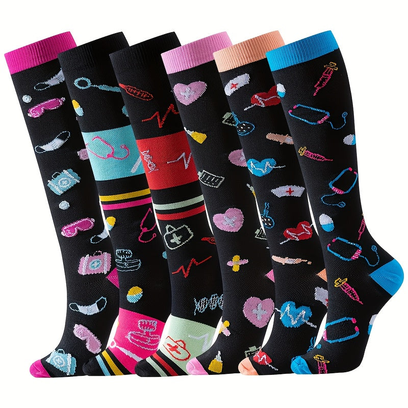 6 Pairs Knee High Socks for Women - Korean Style Compression Long Socks - Cute Aesthetic Sports Socks for School Gym Outdoor - 95% Polyester Stretch Knit Solid Color Socks Set