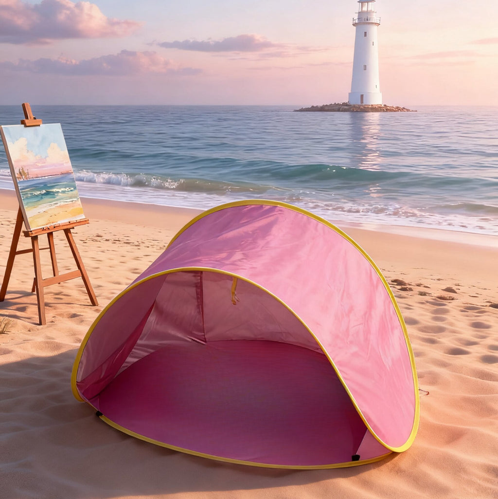 Pop-Up Beach Tent with UV Sun Protection – Portable Quick Setup Sun Shade Shelter for Beach Camping Hiking Travel Family Outings Optional Beach Mat Bundle Blue Pink