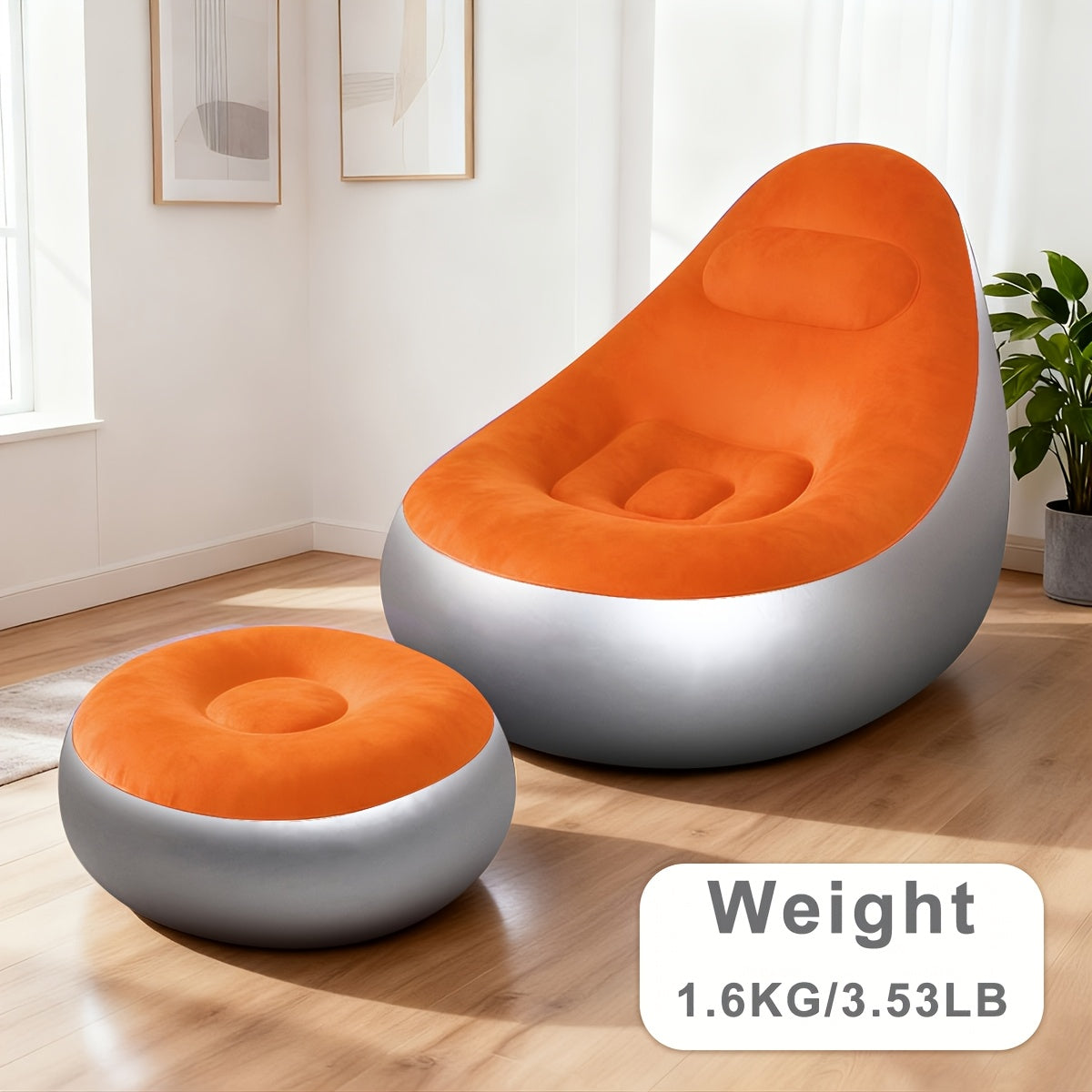 Inflatable Sofa with Footstool 2-Piece Set Heavy Duty Plush Fabric Portable Air Couch with Pump – Indoor Outdoor Camping Beach Backyard Lounge