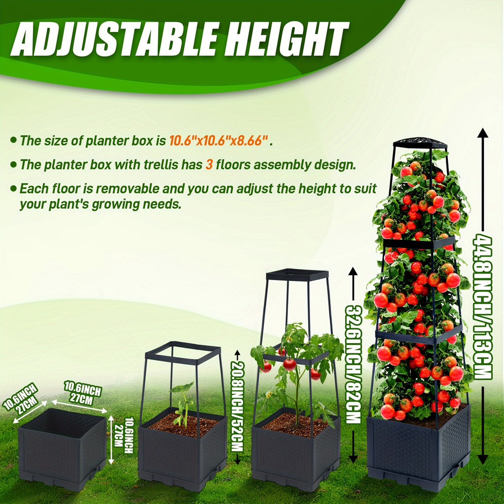 Garden Planting Box with Self-Watering Tomato Cage Lightweight Plastic Stripe Pattern – Indoor Outdoor Climbing Plant Planter 44.8 & 57 Inch 1 or 2 Pack