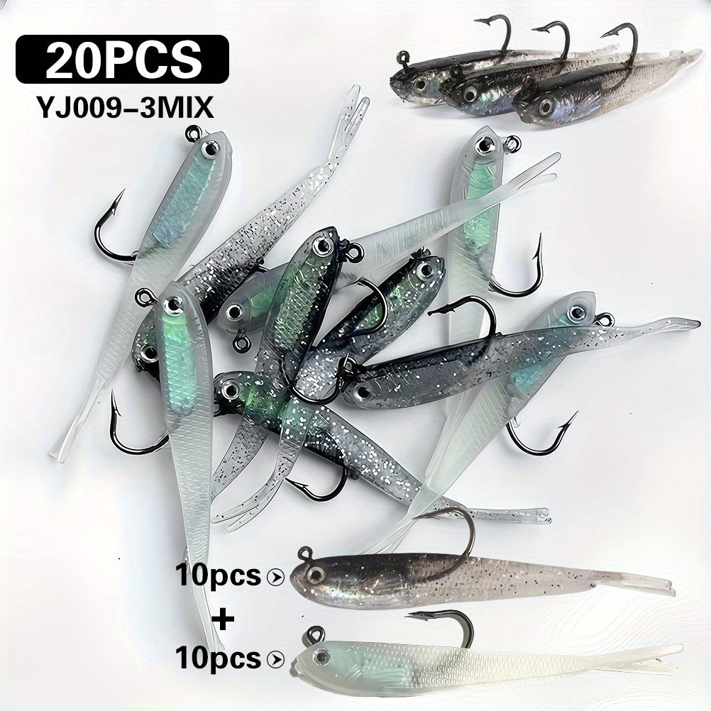 Soft Fishing Lures 20pcs Bionic Swimbait Kit with Hook – Realistic Gray Fish Bait for Bass, Mandarin Fish, Sea Bass & Trout, Freshwater & Saltwater Fishing Lure Set