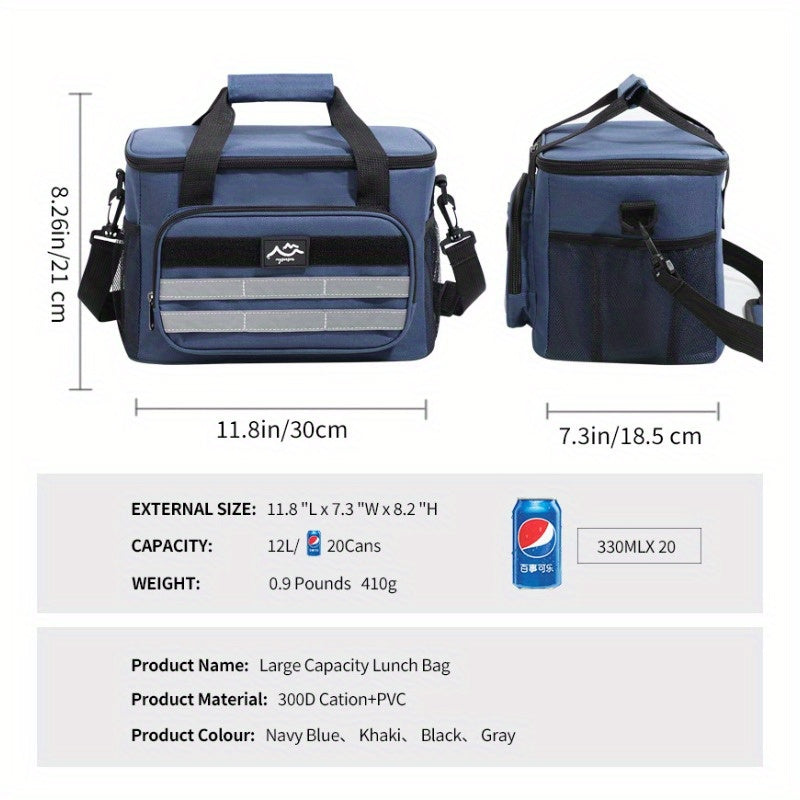Large Capacity Insulated Cooler Bag Picnic Bag – Portable Crossbody Refrigerated Lunch Bag with Foil Storage Bags for Outdoor Camping Travel Black Grey Navy Khaki
