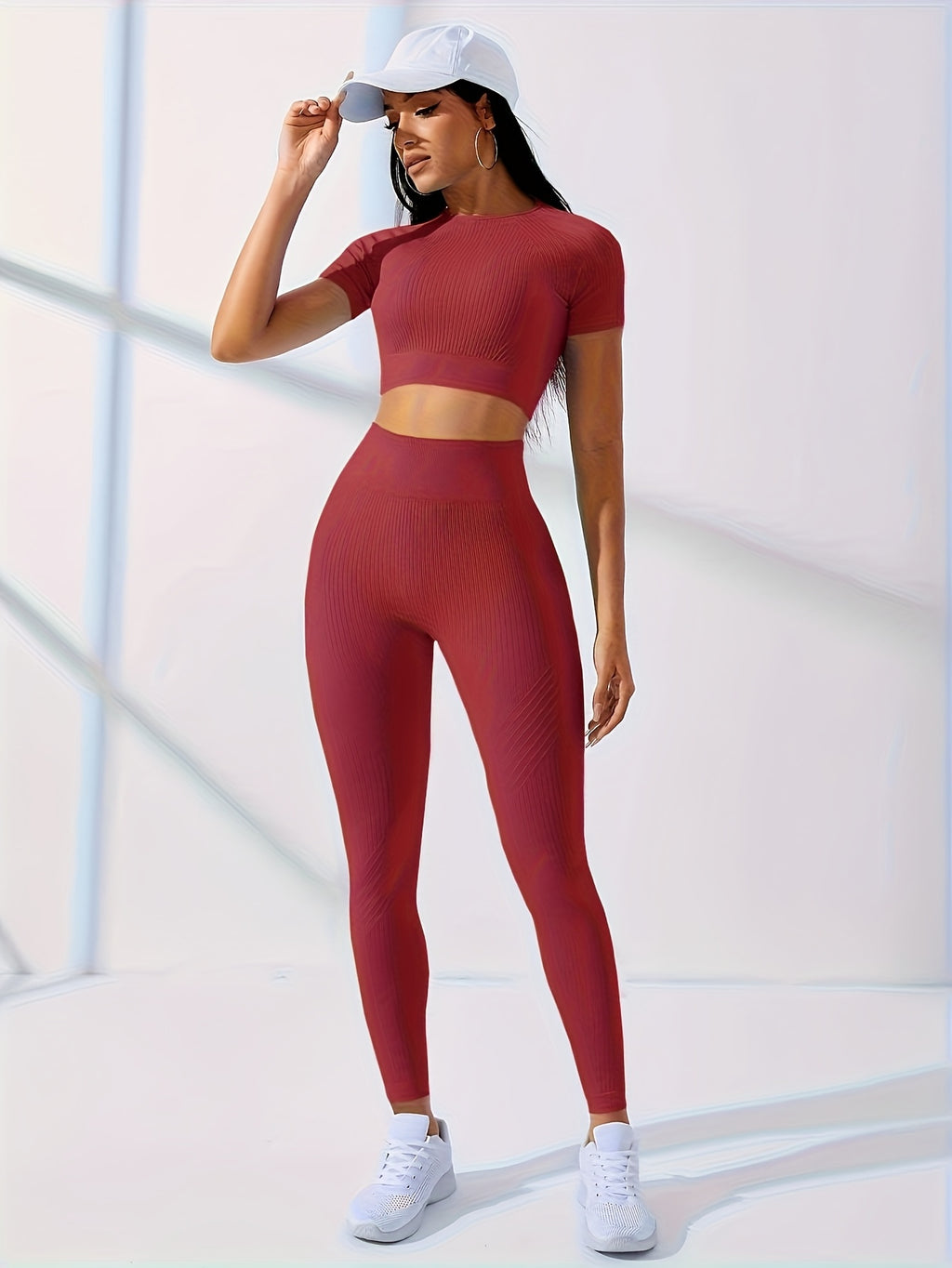 2PCS Women's Workout Set – Yoga Crop Top & Leggings, Crew Neck, Medium Stretch, Solid Color All-Season Activewear, XS-XL