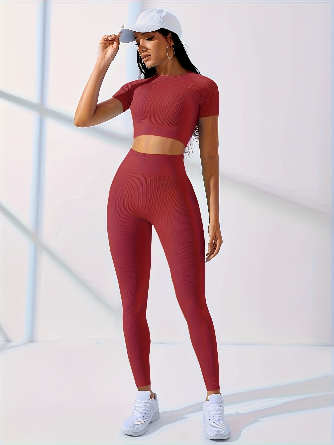 2PCS Women's Workout Set – Yoga Crop Top & Leggings, Crew Neck, Medium Stretch, Solid Color All-Season Activewear, XS-XL