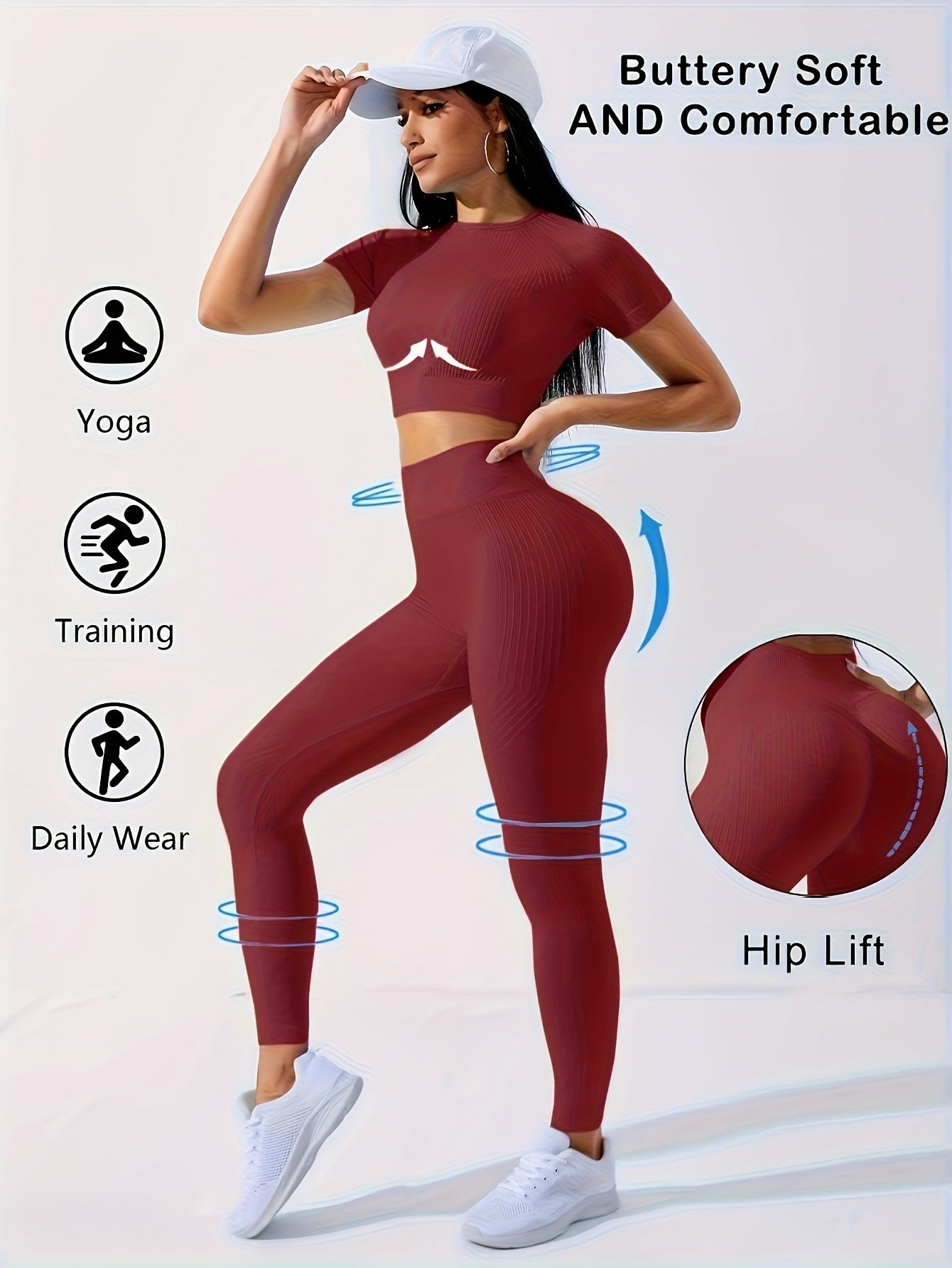 2PCS Women's Workout Set – Yoga Crop Top & Leggings, Crew Neck, Medium Stretch, Solid Color All-Season Activewear, XS-XL