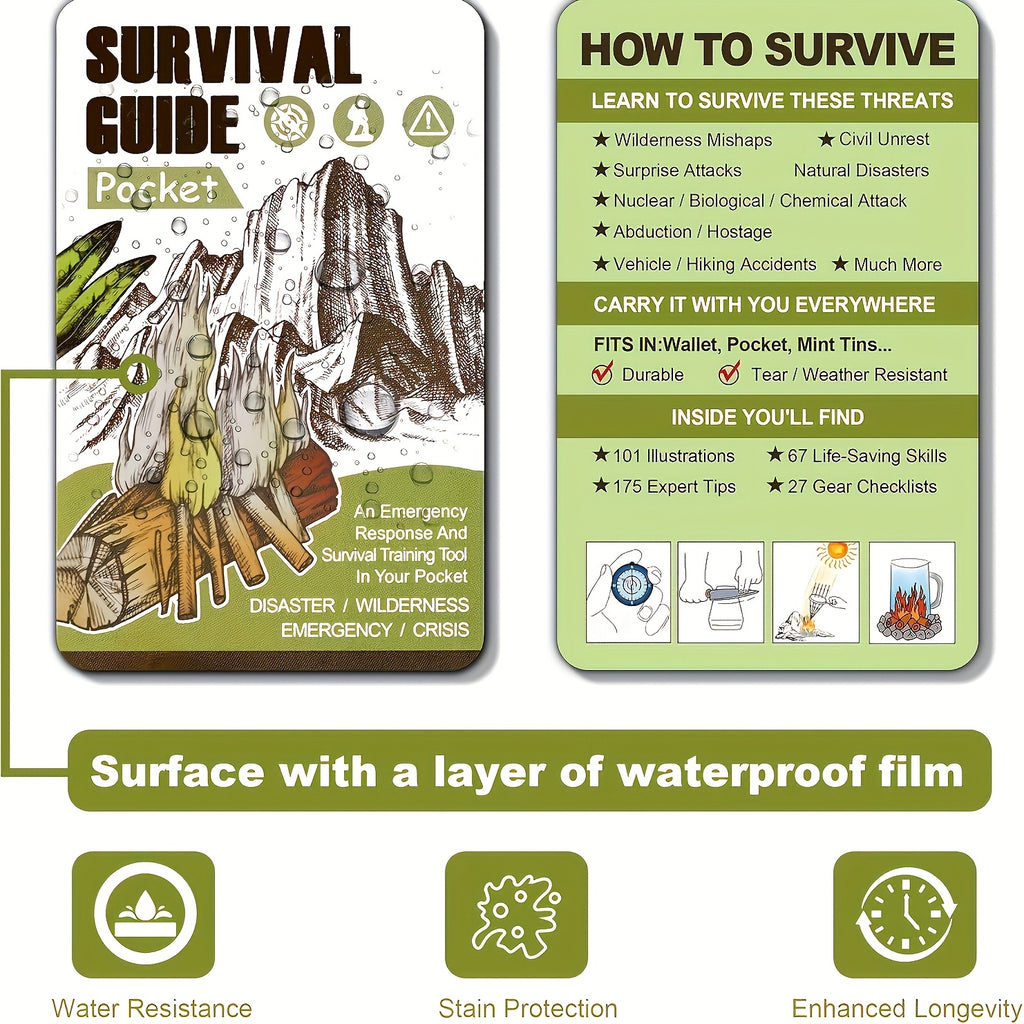 Pocket Survival Guide EDC Kit for Emergency Preparedness, Compact Credit Card Size Survival Card with 67 Skills & 175 Tips for Hiking Camping Disaster First Aid, Father's Day Gift