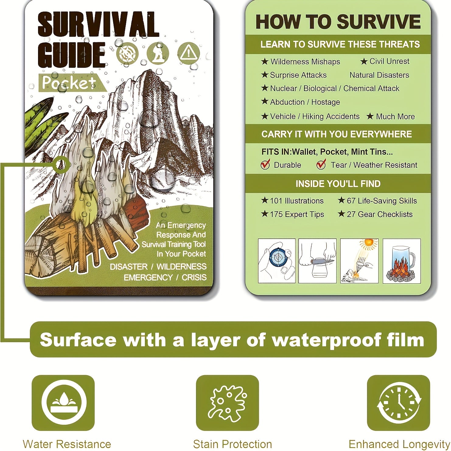 Pocket Survival Guide EDC Kit for Emergency Preparedness, Compact Credit Card Size Survival Card with 67 Skills & 175 Tips for Hiking Camping Disaster First Aid, Father's Day Gift