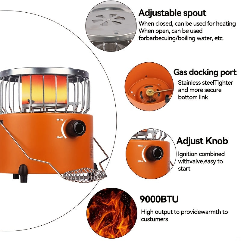 9000 BTU Propane Camping Stove Heater 2-in-1 Portable Indoor Outdoor Gas Stove Adjustable Flame Piezoelectric Ignition Emergency Preparedness Stainless Steel