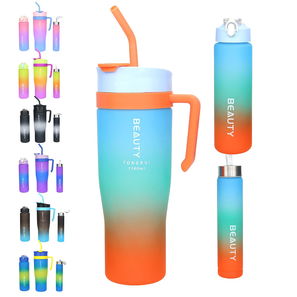 5-Piece Gradient Water Bottle Set 46oz 27oz 9oz with Straw Spill-Proof Lid & Stickers - BPA-Free Leak-Proof Plastic Sports Bottles for Gym Travel Outdoor Car Cup Holder - Gift Set