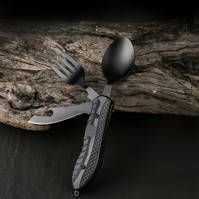 4-in-1 Stainless Steel Camping Utensil Set – Portable Folding Fork Spoon Knife & Bottle Opener for Hiking Survival Travel Backpacking Picnic Outdoor Meals