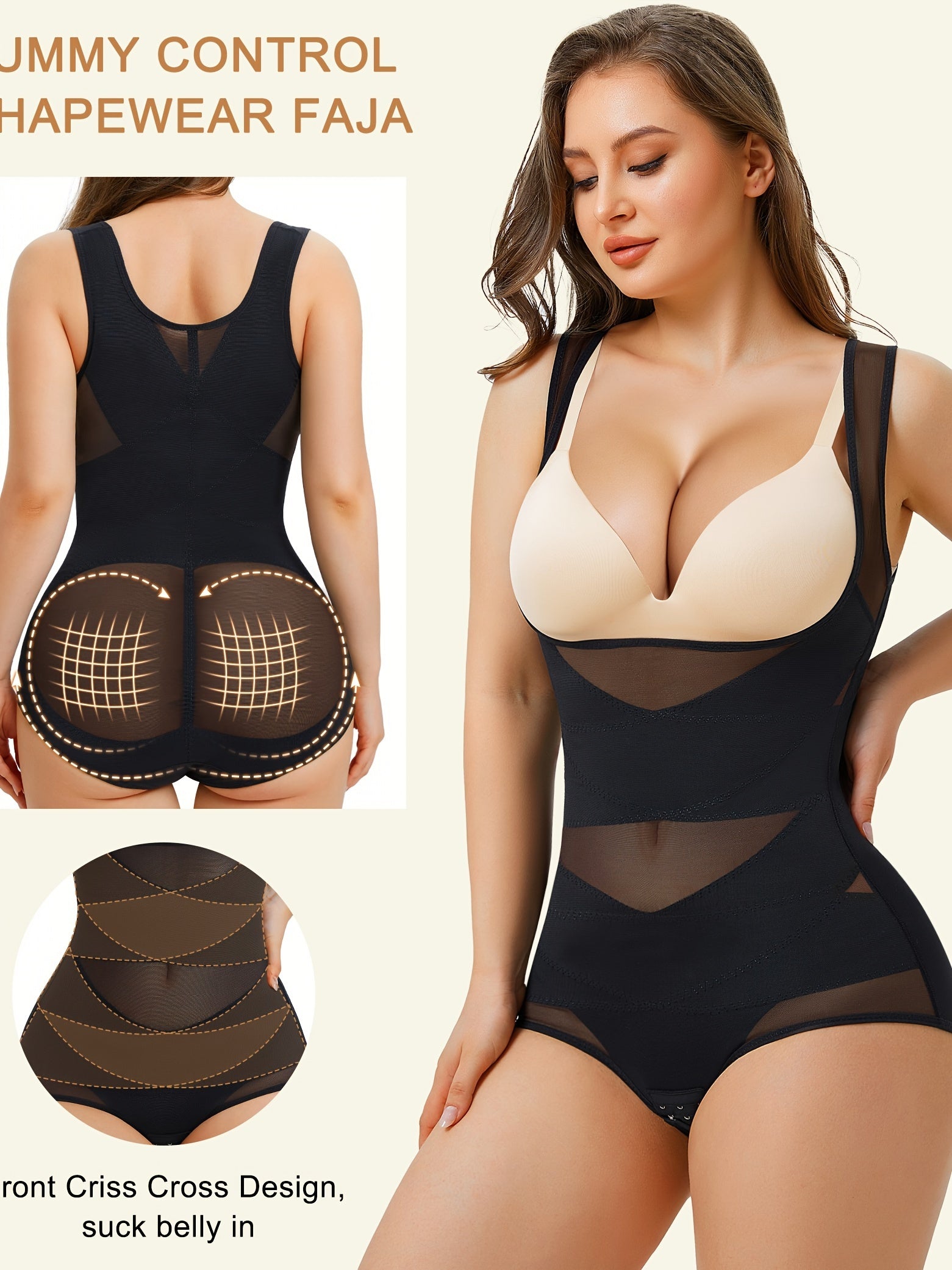 Women's Shapewear Bodysuit with Tummy Control – High-Waist Butt Lifter, U-Shape Push Up, Wide Straps, Breathable Nylon Body Shaper, 5 Colors, Sizes S-XXL