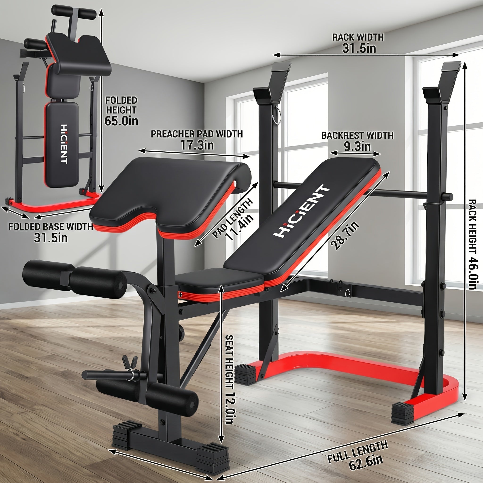 Weight Bench Set with Squat Rack – Adjustable Foldable Workout Bench Press, Leg Developer & Preacher Curl Pad for Home Gym Full Body Training | 800–1200 LBS Capacity | Black, Red, Pink