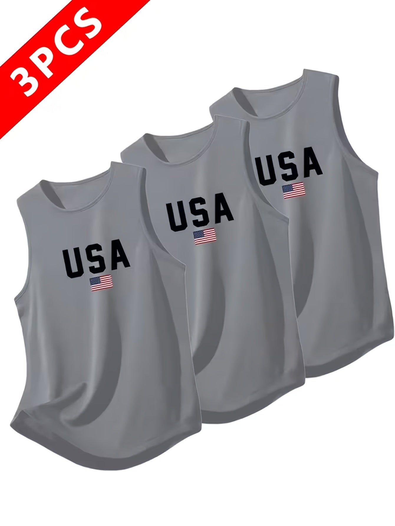 USA Print Men's Quick-Dry Tank Tops 3-Pack Sleeveless Breathable Moisture-Wicking – Crew Neck Athletic Vests for Running Training Gym Black White Gray