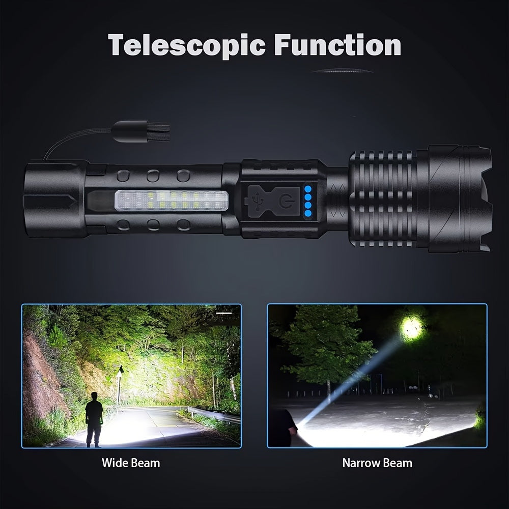 LED COB Rechargeable Flashlight Ultra Bright Zoomable Floodlight USB Rechargeable 1500mAh Battery Multi-Mode Torch for Camping Fishing Hunting Emergency Outdoor Use