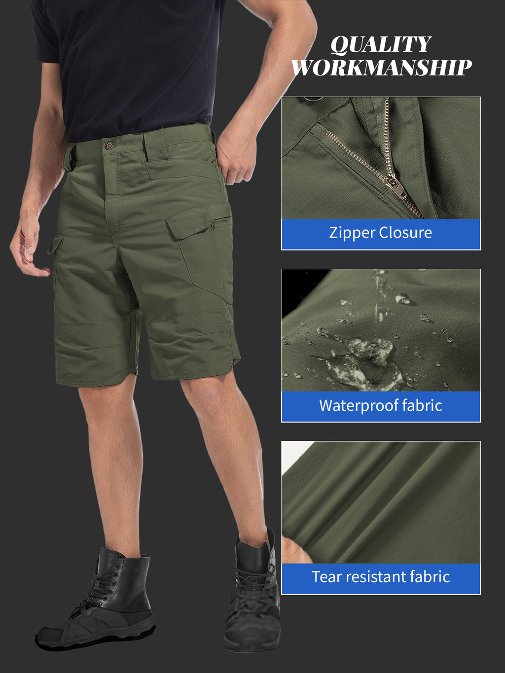 Cargo Shorts for Men 2 Pack – Multi-Pocket 100% Polyester Regular Fit Outdoor Hiking Work Casual Shorts S-XXXL (Black, Gray, Khaki, Army Green)